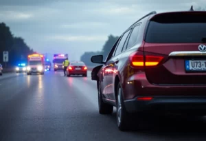 Emergency responders at the scene of a head-on collision on a highway.