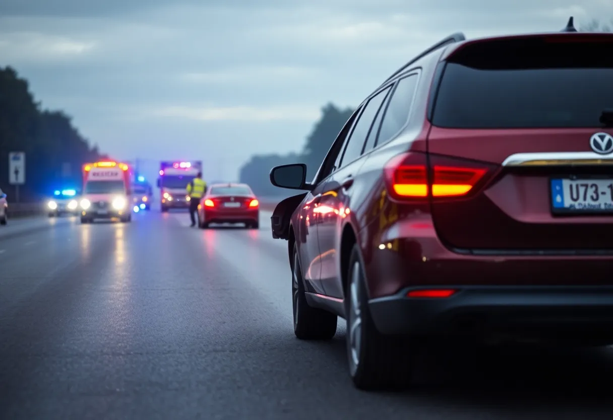 Emergency responders at the scene of a head-on collision on a highway.