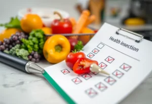 Colorful health inspection checklist with food items