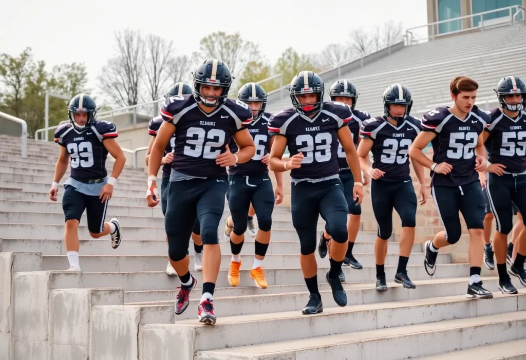 High school football team walking on uneven concrete steps