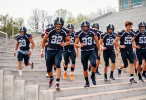 High school football team walking on uneven concrete steps
