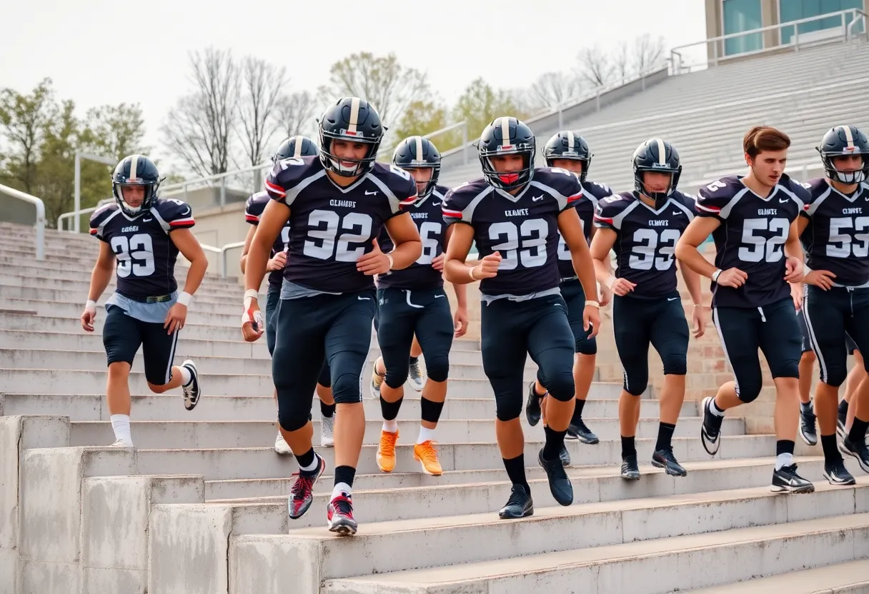 High school football team walking on uneven concrete steps