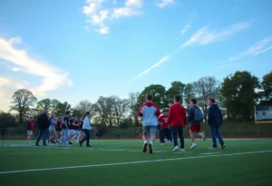 Scenic view of a high school sports field with students walking