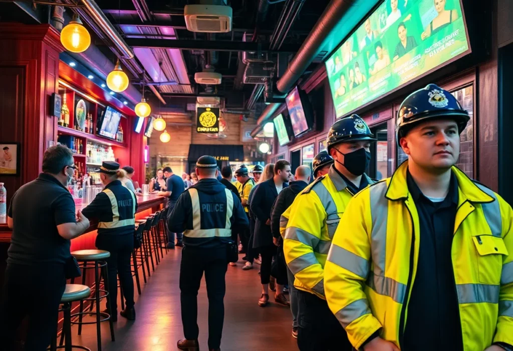 An overview of 708 Bar & Grille in Huntsville with patrons and security presence.