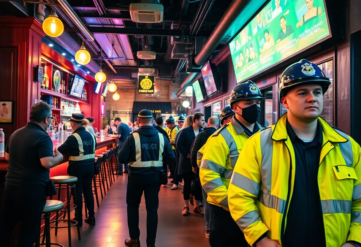 An overview of 708 Bar & Grille in Huntsville with patrons and security presence.