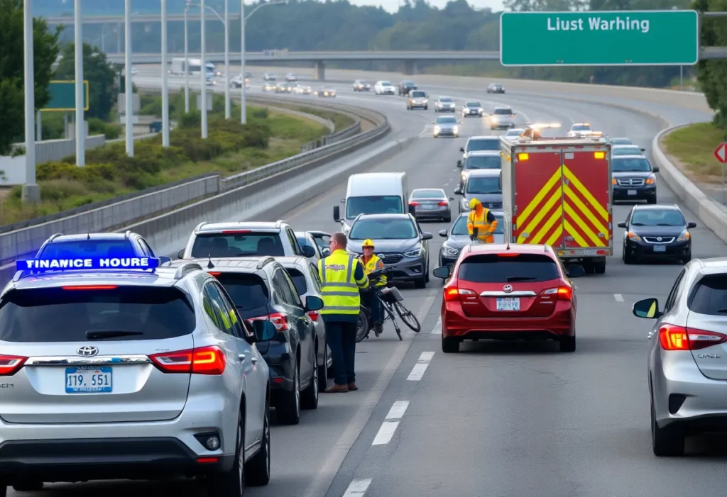 Emergency responders at a vehicle accident site on a highway