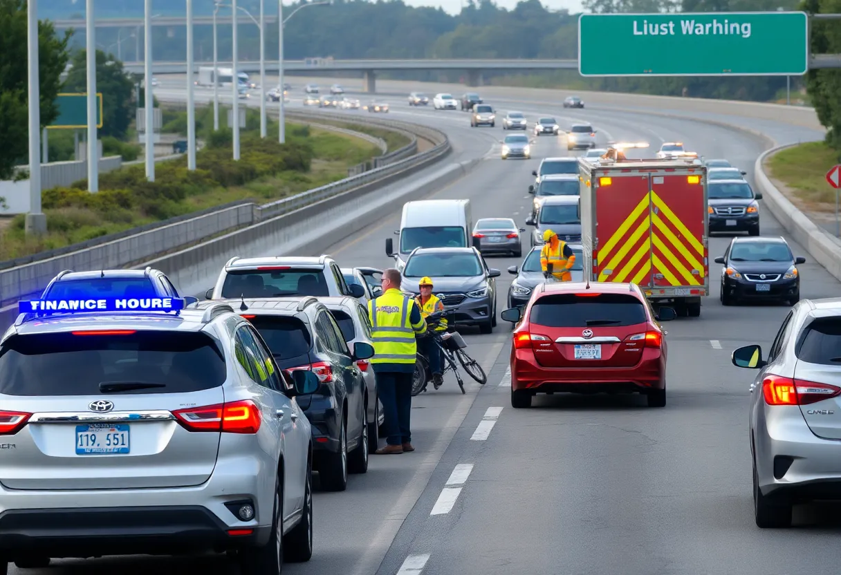 Emergency responders at a vehicle accident site on a highway