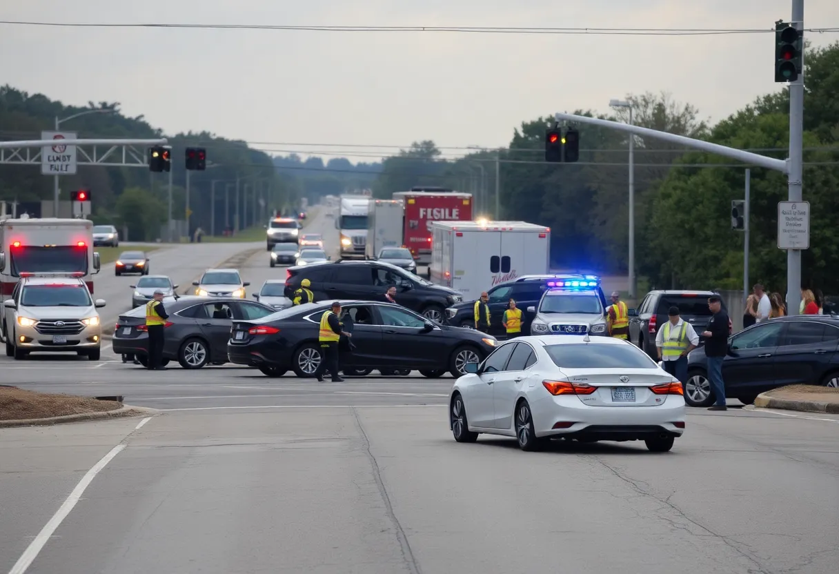 Emergency responders attending to a multi-vehicle accident in Huntsville, AL