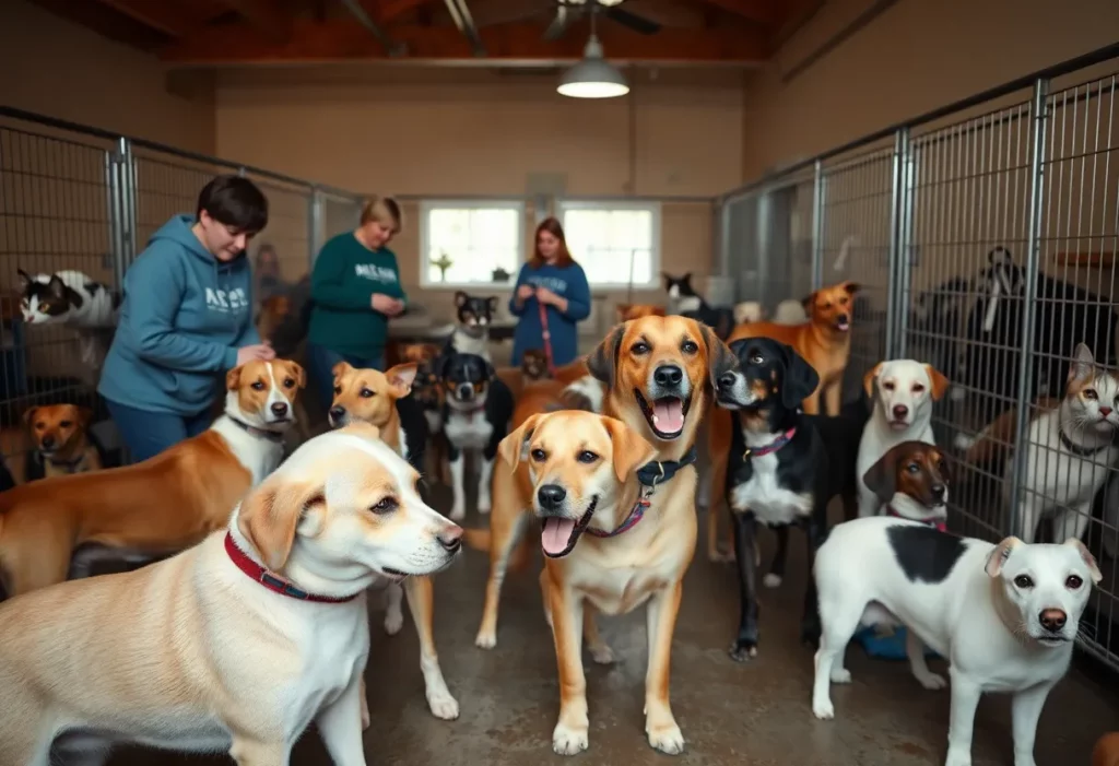 Dogs and cats at the Huntsville Animal Shelter being cared for by volunteers.