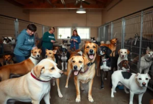 Dogs and cats at the Huntsville Animal Shelter being cared for by volunteers.