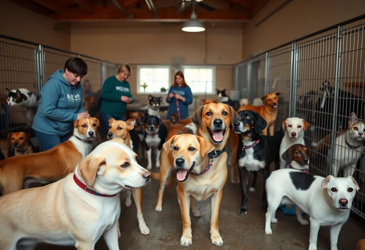 Dogs and cats at the Huntsville Animal Shelter being cared for by volunteers.