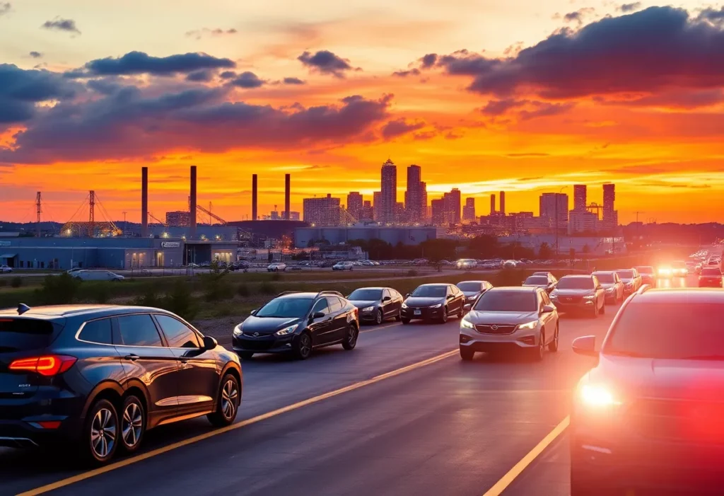 Vibrant scene of Huntsville's automotive industry with vehicles and factories
