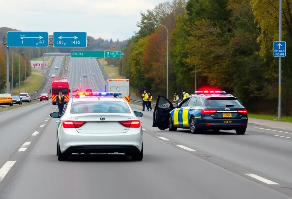 Emergency responders at a car crash scene on a highway in Huntsville, Alabama.