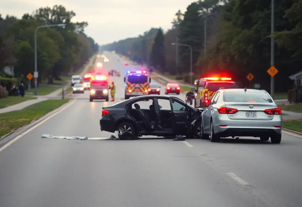 Emergency responders at a car crash scene in Huntsville