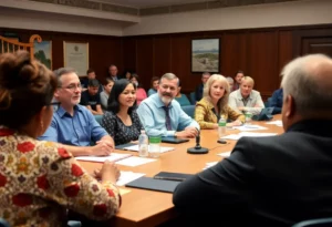 City council members in a meeting discussing community funding