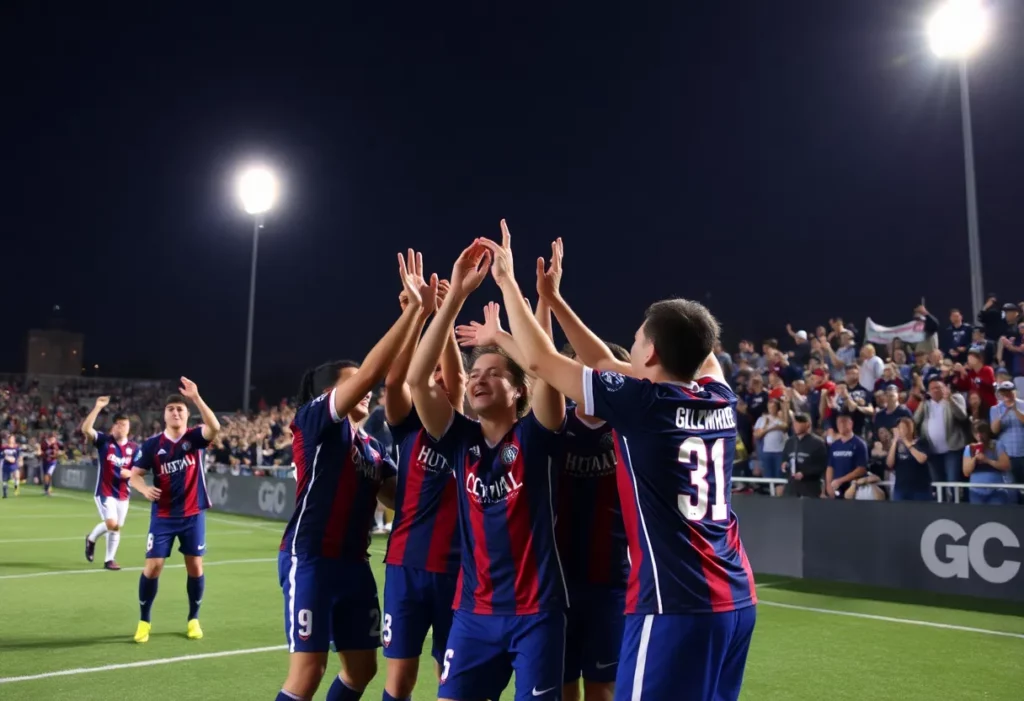 Huntsville City FC players celebrating after winning a playoff match