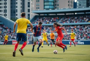 Action shot of a soccer game featuring players in vibrant uniforms at a city stadium.