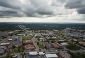 Aerial view of Huntsville with Redstone Arsenal and local businesses