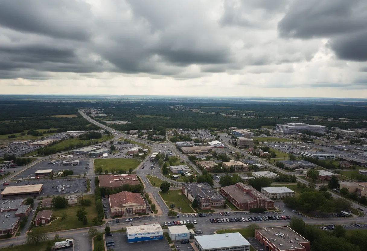 Aerial view of Huntsville with Redstone Arsenal and local businesses