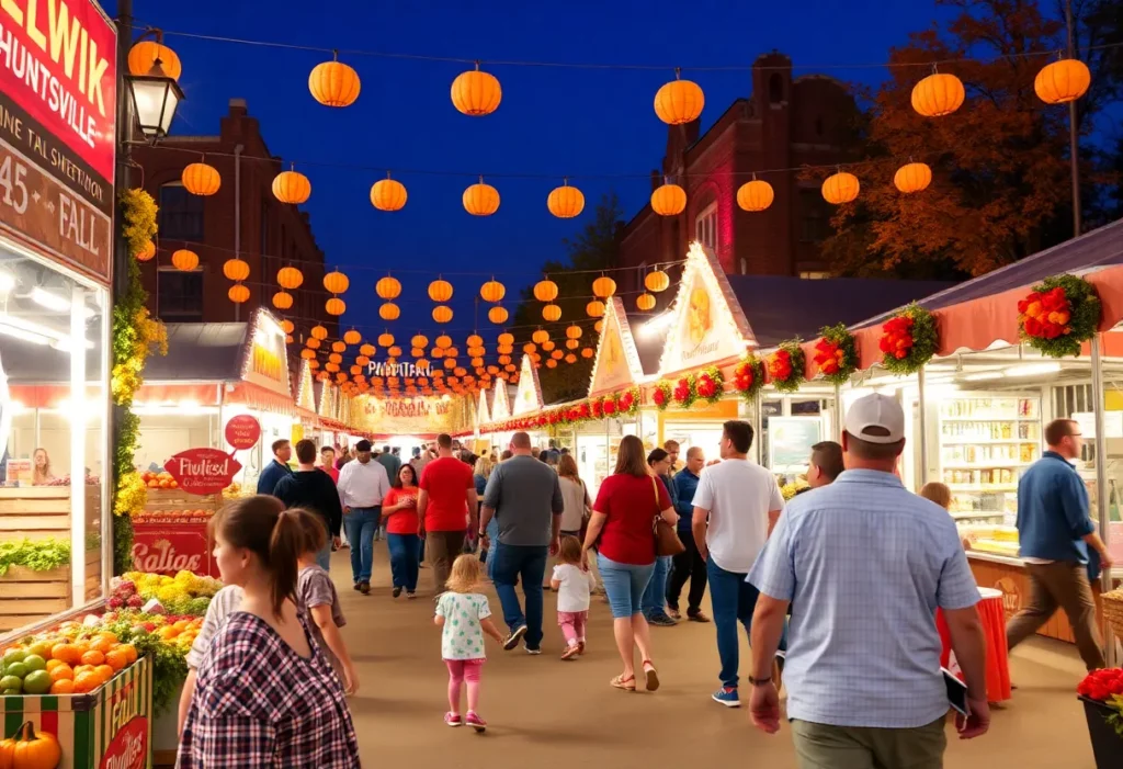Families enjoying the Huntsville fall festival with festive decorations and food stalls.