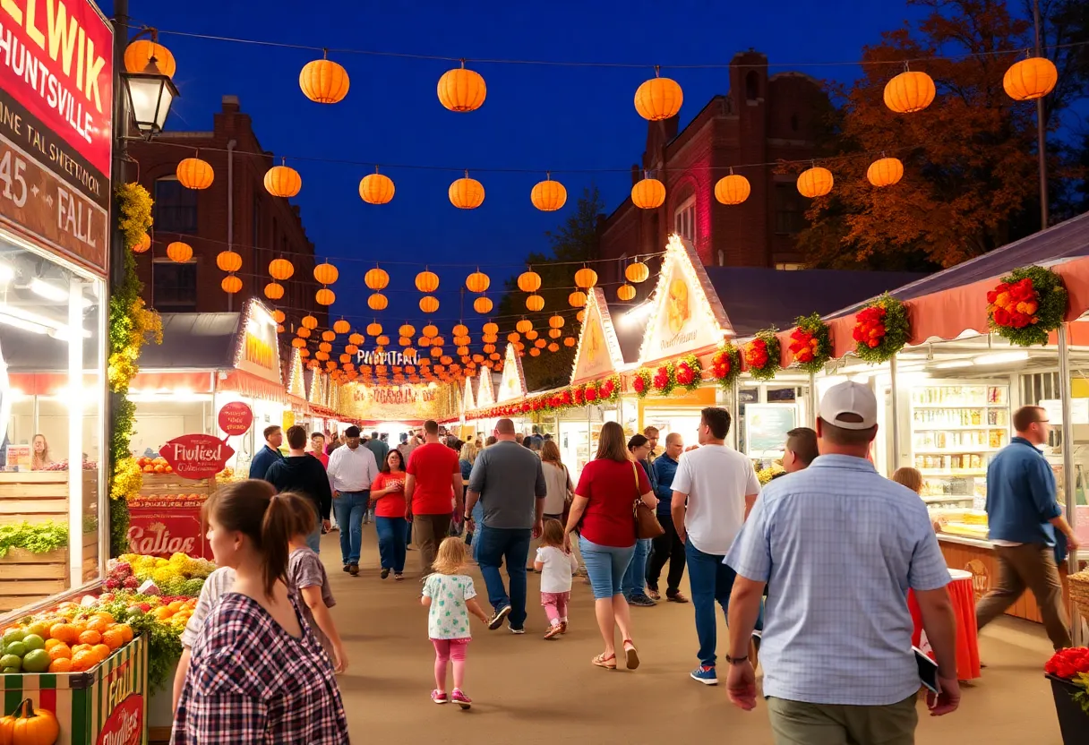 Families enjoying the Huntsville fall festival with festive decorations and food stalls.
