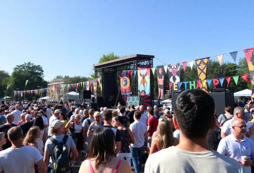 Crowds enjoying various activities at a Huntsville festival in a park.