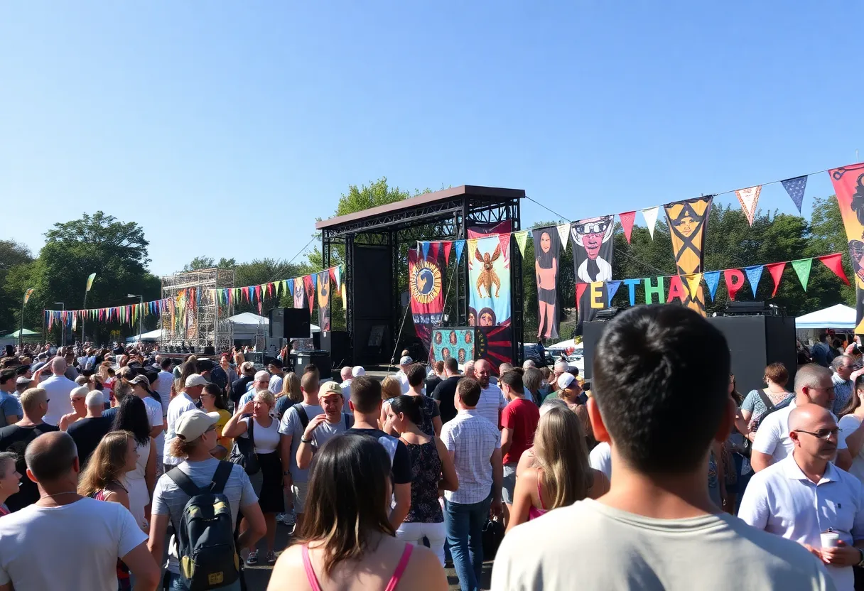 Crowds enjoying various activities at a Huntsville festival in a park.