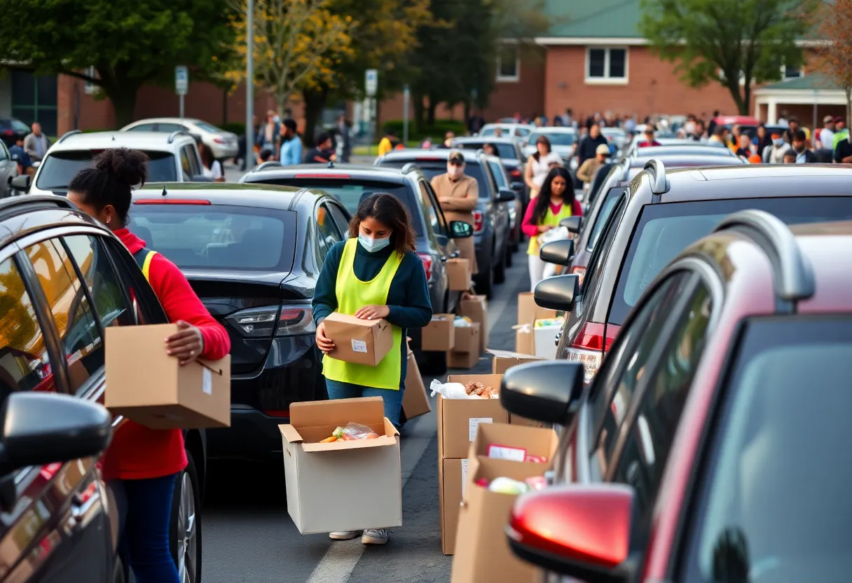 Volunteers distributing food at a community event in Huntsville