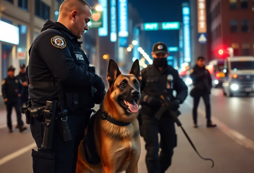A police officer with a K-9 during an arrest operation in Huntsville.