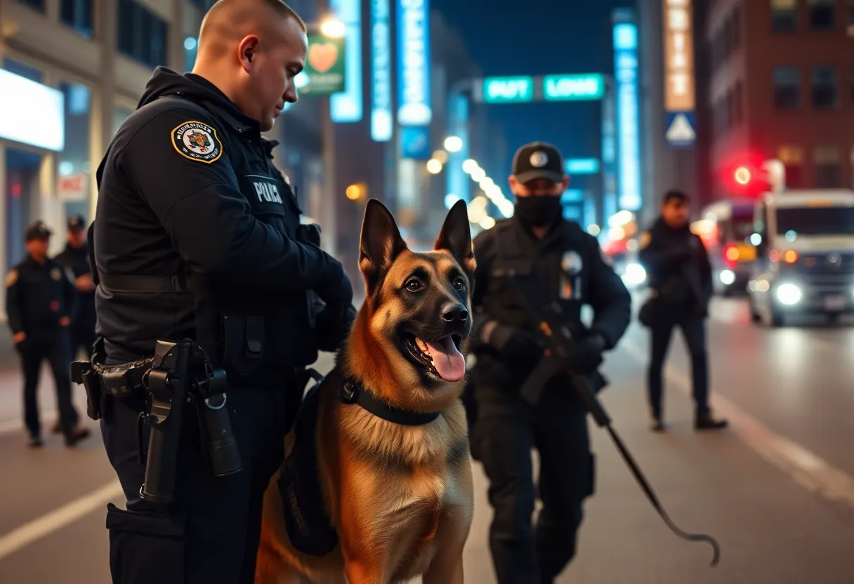 A police officer with a K-9 during an arrest operation in Huntsville.
