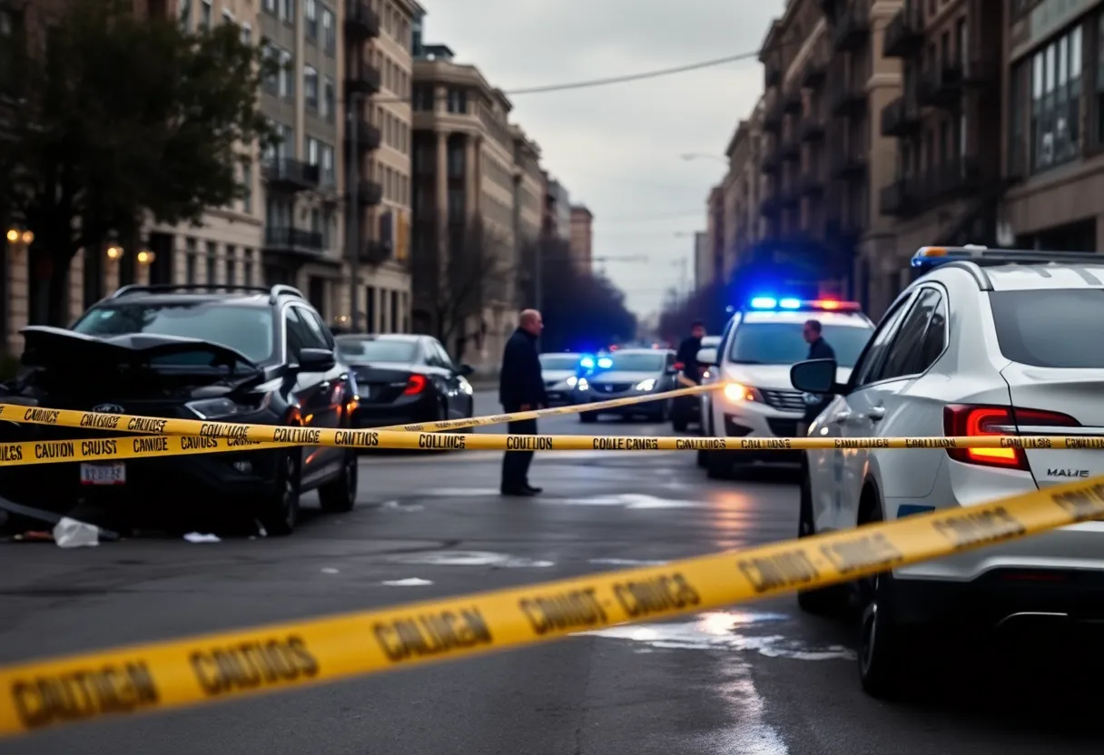 Police officers investigating a scene of gunfire with damaged vehicles