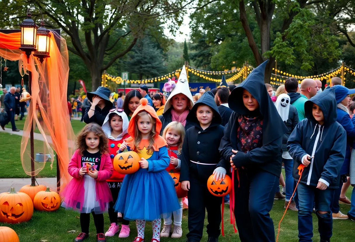 Families celebrating Halloween in Huntsville with costumes and decorations