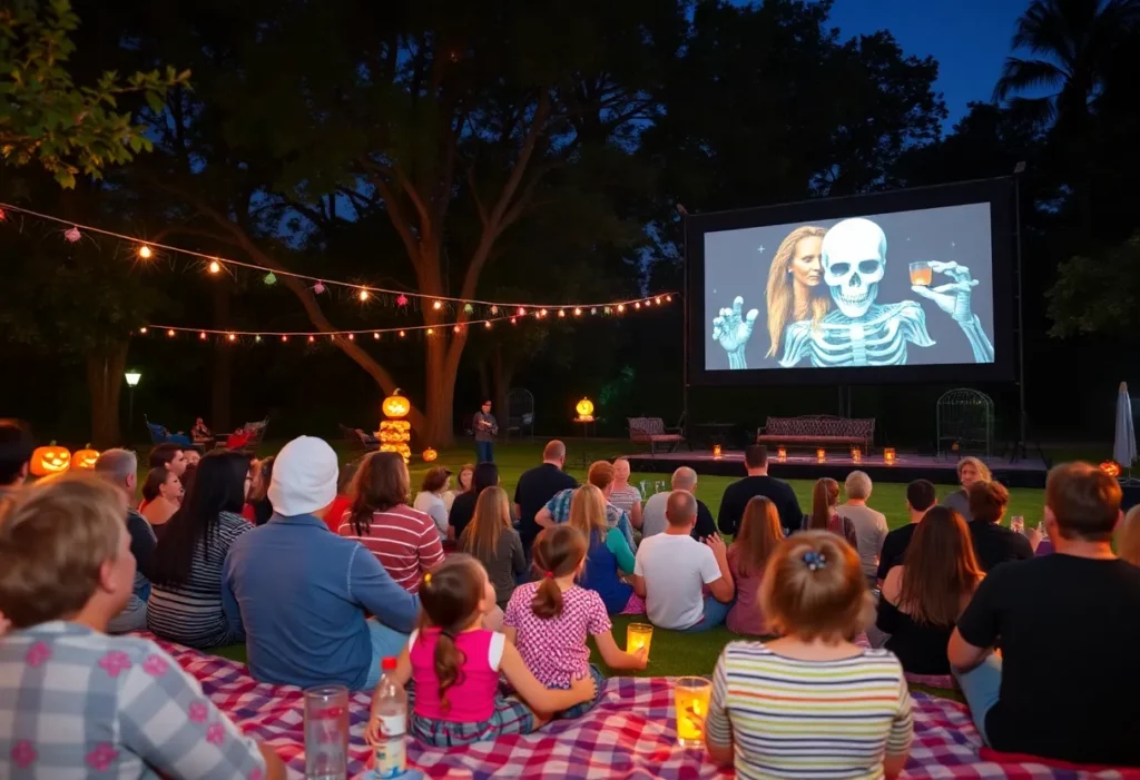Families enjoying a Halloween movie night in Huntsville park