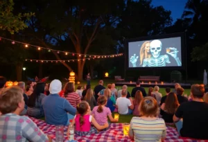 Families enjoying a Halloween movie night in Huntsville park