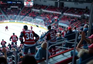 Huntsville Havoc players in action during a hockey game
