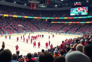 Fans at Huntsville Havoc home opener cheering in the packed arena.