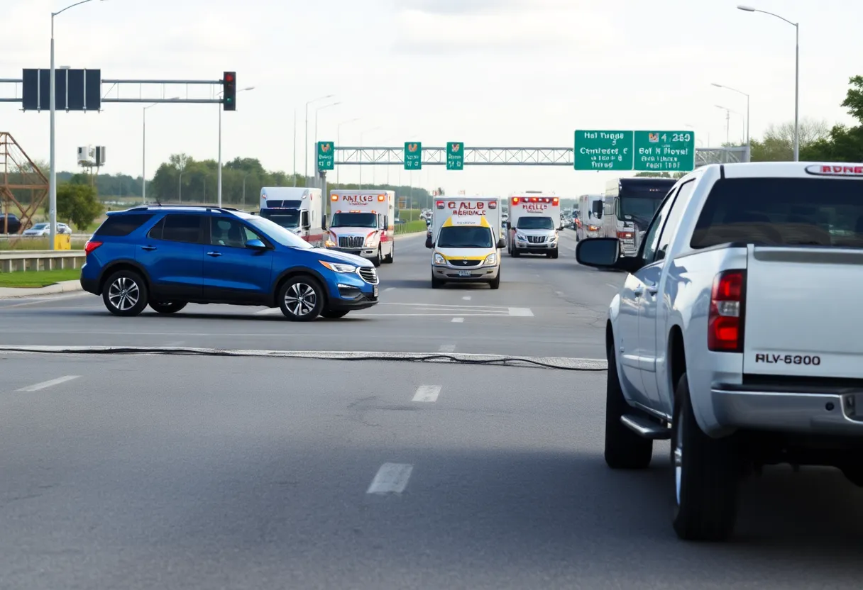 Collision at Huntsville intersection with a blue SUV and white pickup truck.