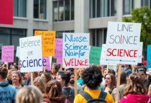 Participants at the Huntsville No Kings protest holding signs advocating for science and healthcare.
