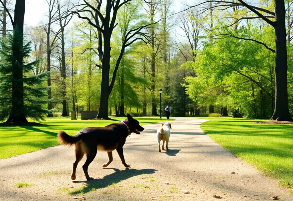 A park in Huntsville, Alabama with walking trails and two dogs.