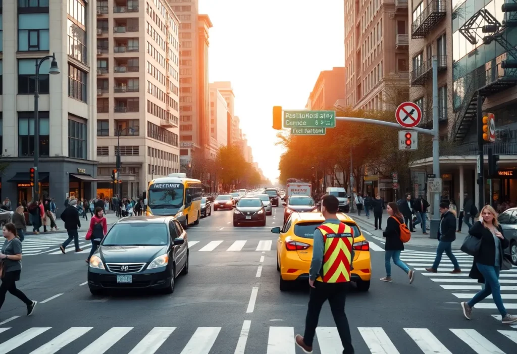 Urban intersection in Huntsville with pedestrians and traffic