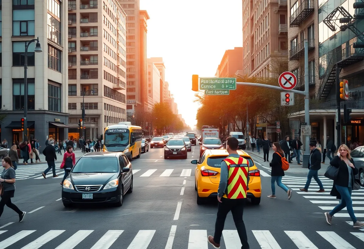 Urban intersection in Huntsville with pedestrians and traffic