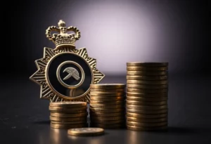 Symbol of corruption with a police badge and coins