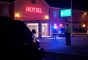 Huntsville police cars at a shooting scene outside a downtown hotel