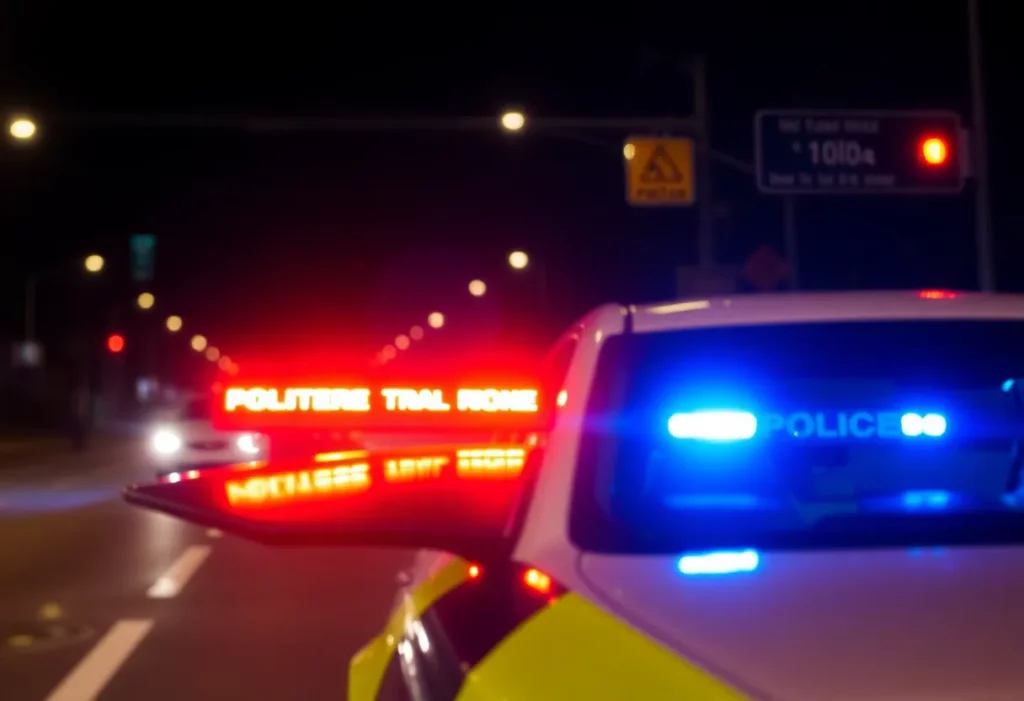 Police car with lights on at a traffic stop