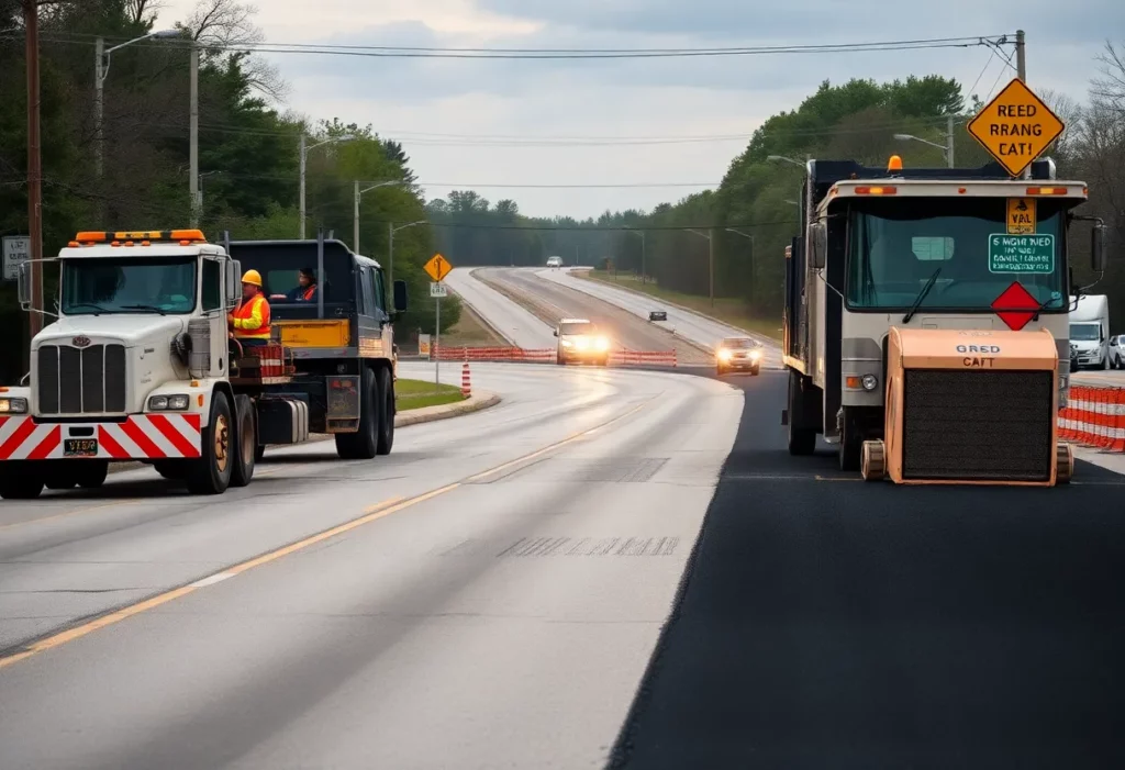 Construction workers resurfacing a road in Huntsville