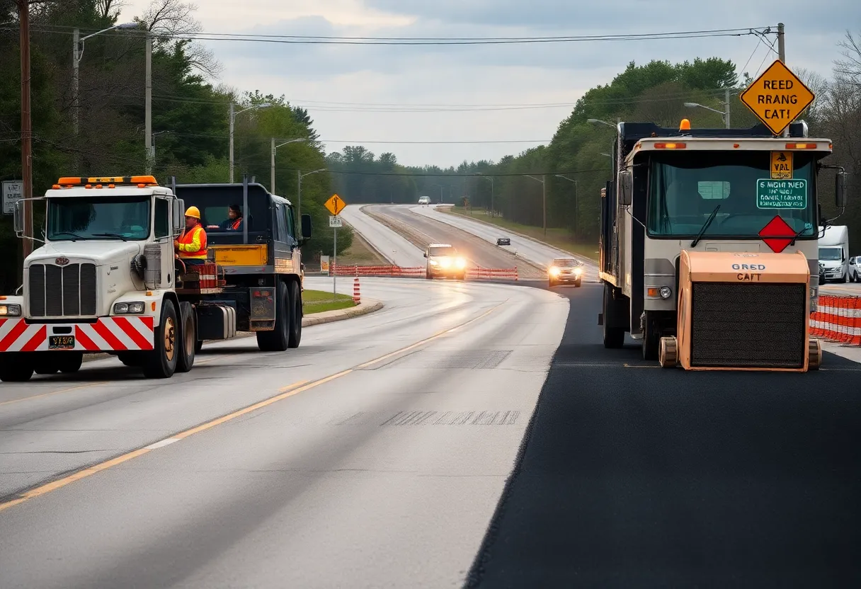 Construction workers resurfacing a road in Huntsville