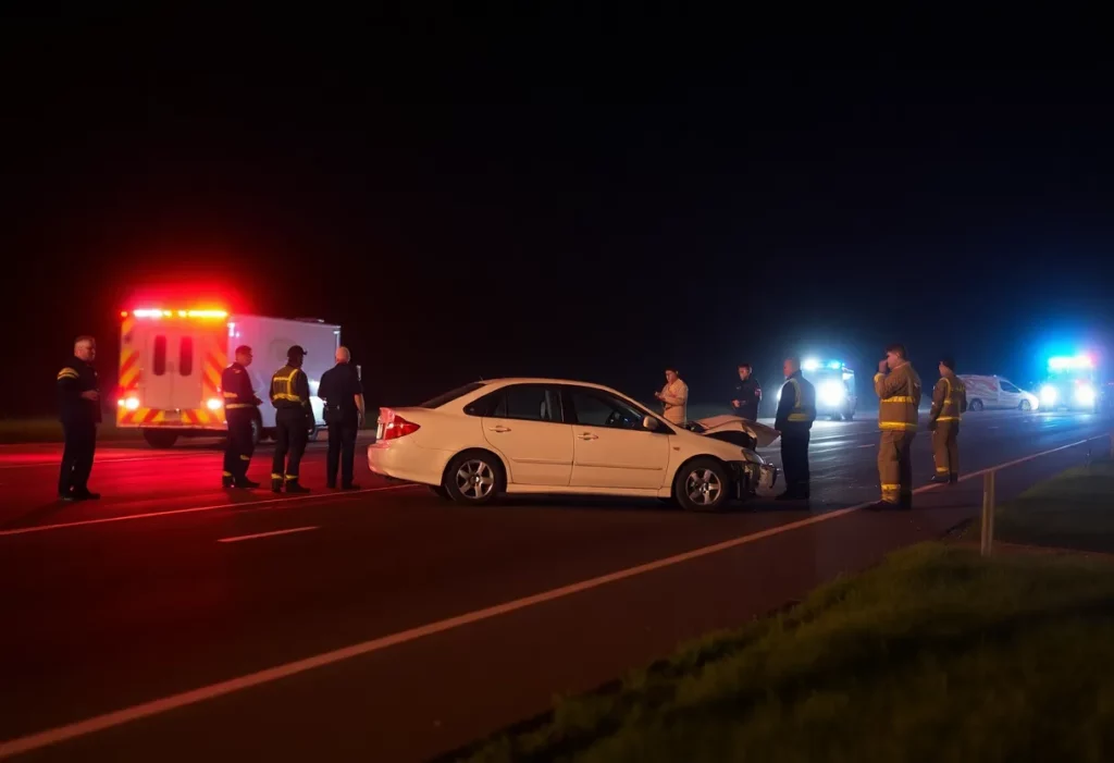 Scene of a single-vehicle crash in Huntsville, Alabama with emergency responders present.