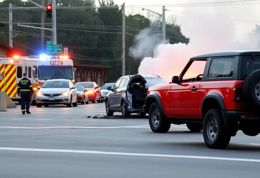Three-vehicle crash in Huntsville involving overturned Bronco and fire.
