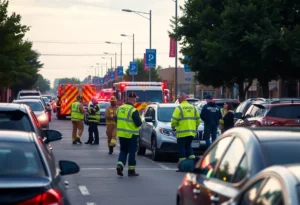 Emergency responders managing a traffic accident scene in Huntsville