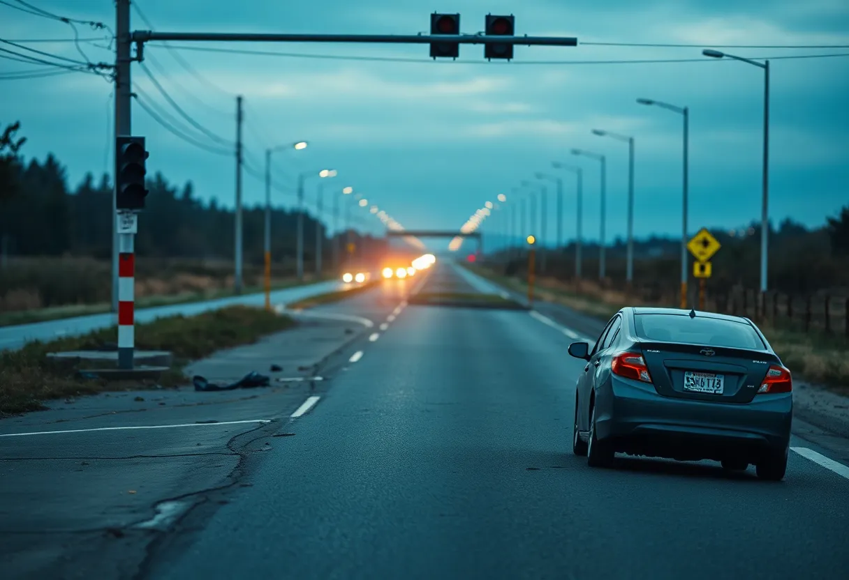 Empty road near traffic signal pole after an accident